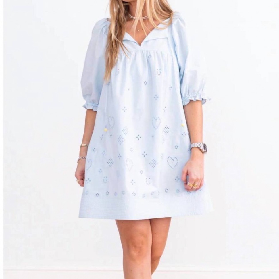 Kerri Rosenthal Light Blue Heart Eyelet Puff Sleeve Babydoll Dress Xl Nwt